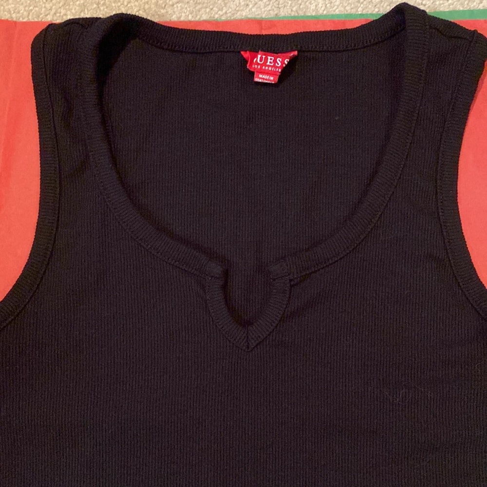 Black Guess Tank Top with notched out V at bottom of neck curve